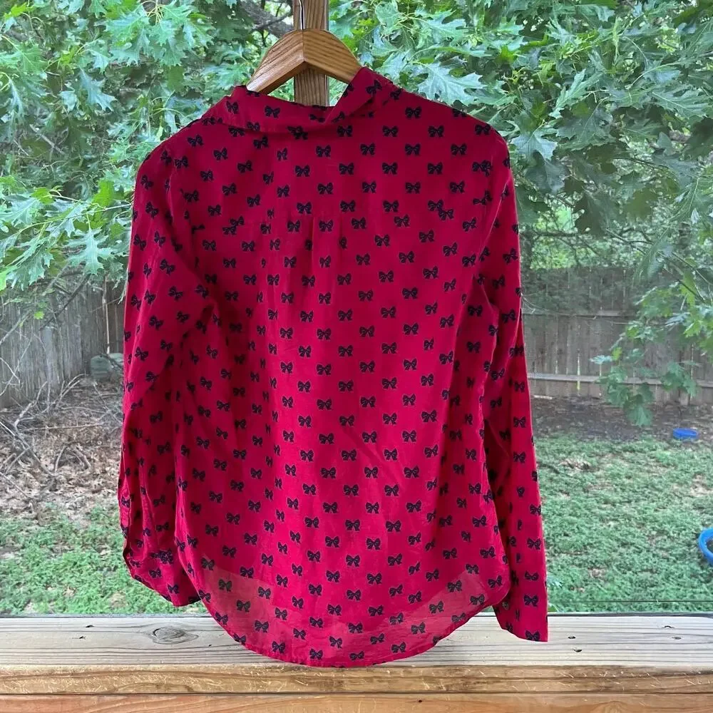 J. Crew Women's Red & Black Bow Print Blouse Cotton/Silk Size 8